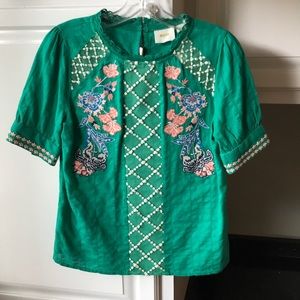 Anthropologie emerald green embroidered blouse